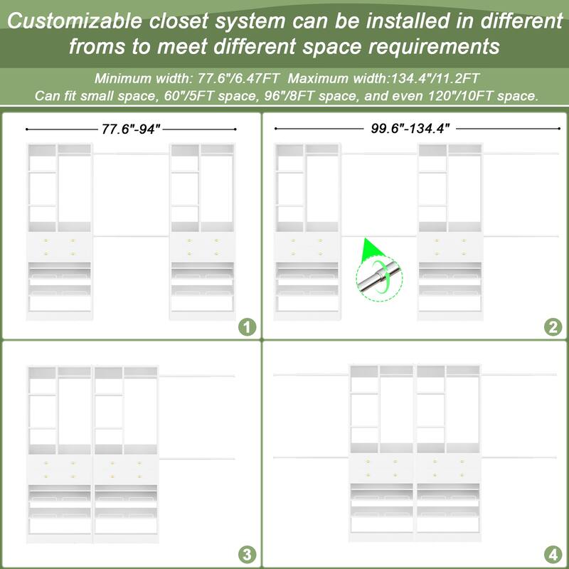 Set of 2 Closet System with 6 Hanging Rods and 4 Drawers, Adjustable Closet System with Shelves and Shoe Rack