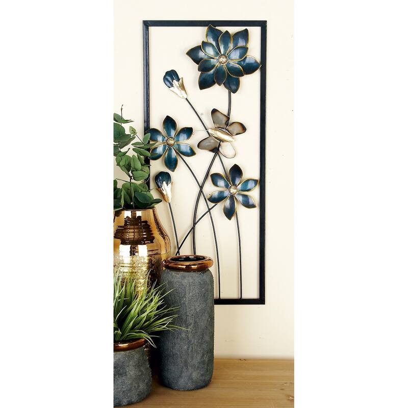 Teal Metal Floral Home Wall Decor with Black Frames and Butterfly Accents (Set of 2)