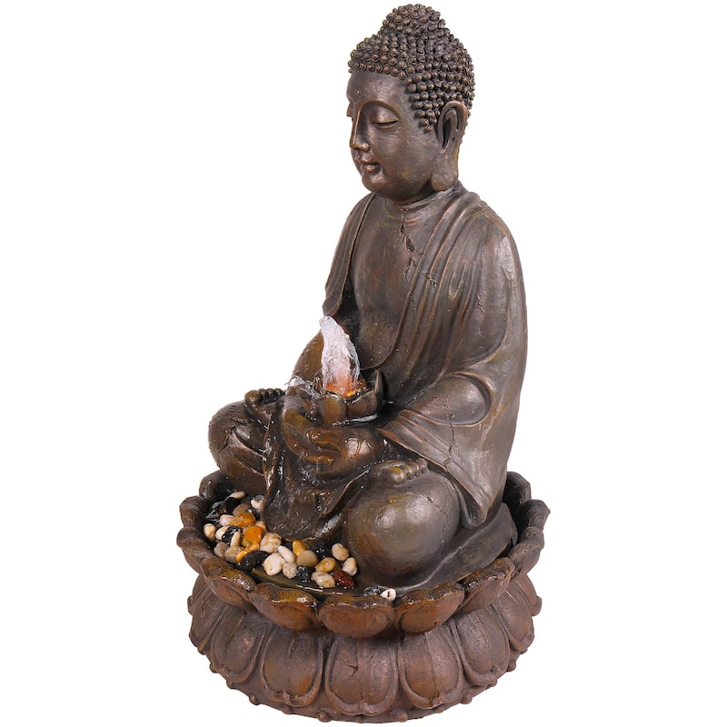 Alpine Corporation GEM122 33" Bronze Outdoor Meditating Buddha Water Fountain with LED Lights