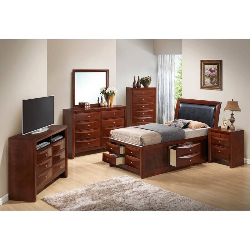 Twin Bed with Storage - Panel Design, Faux Leather Headboard, Dove-Tailed Drawers - 43"L x 85"W
