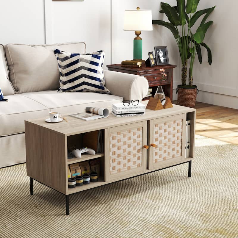 Bohemian-Style Coffee Table with Woven Design, Featuring 4 Sliding Doors and Storage Cabinets, for Living Room