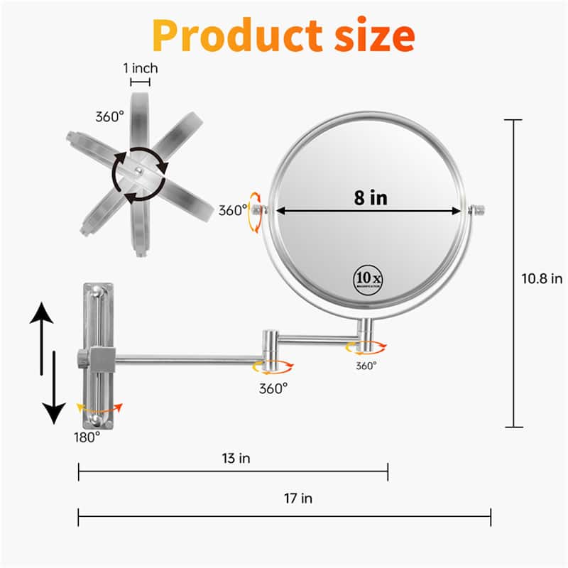 8" 1x/10x Magnifying Double Sided Vanity Mirror, Height Adjustable