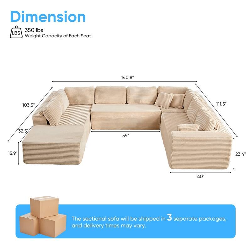 Corduroy 141'' Deep Seat Modular Sectional Sofa, Modern 8-Seater U-Shape Sofa Couch with Moveable Ottoman