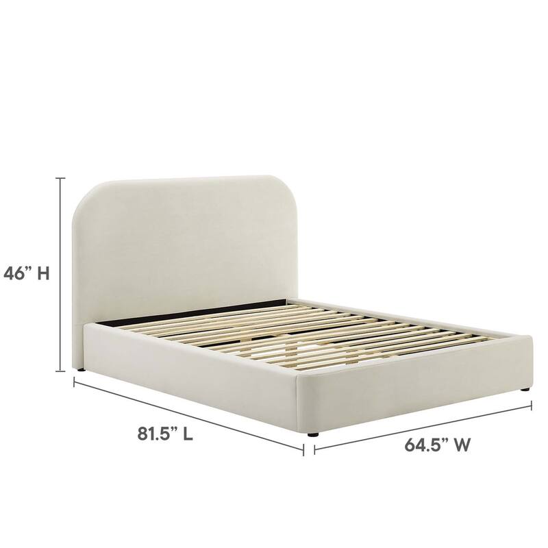 Hillsway Modern Curved Headboard Off-white Velvet Upholstered Full Size Platform Bed