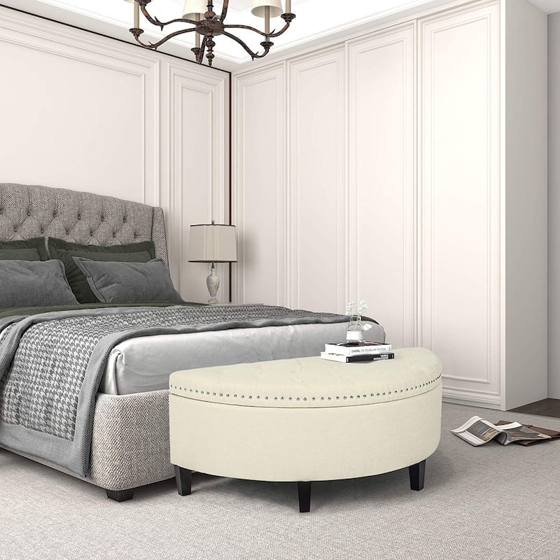 Adeco Half Moon Beige Storage Ottoman Bench