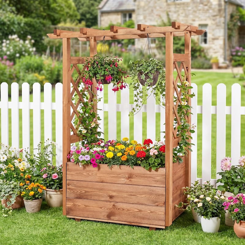 Gymax Wooden Raised Garden Bed/ Lattice Trellises Hanging Roof