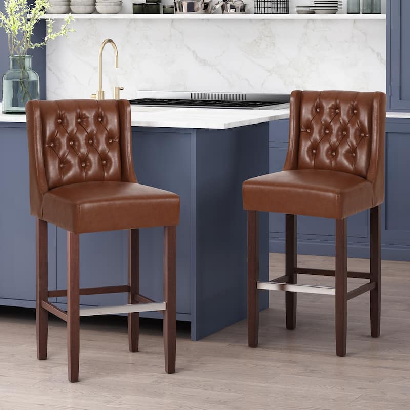 30.5" Counter Stool with Light Brown PU Upholstery, Back Support & Metal Footrest for Kitchen Island