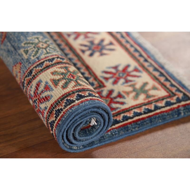 Blue Geometric Kazak Accent Rug Handmade Wool Carpet - 2'0" x 3'1"