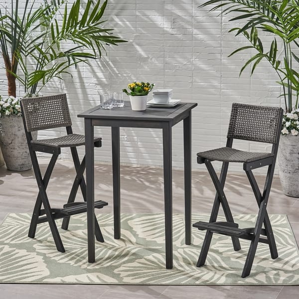 slide 2 of 36, Polaris Outdoor 26" Square 3 Piece Wood and Wicker Bar Height Set by Christopher Knight Home Dark Gray