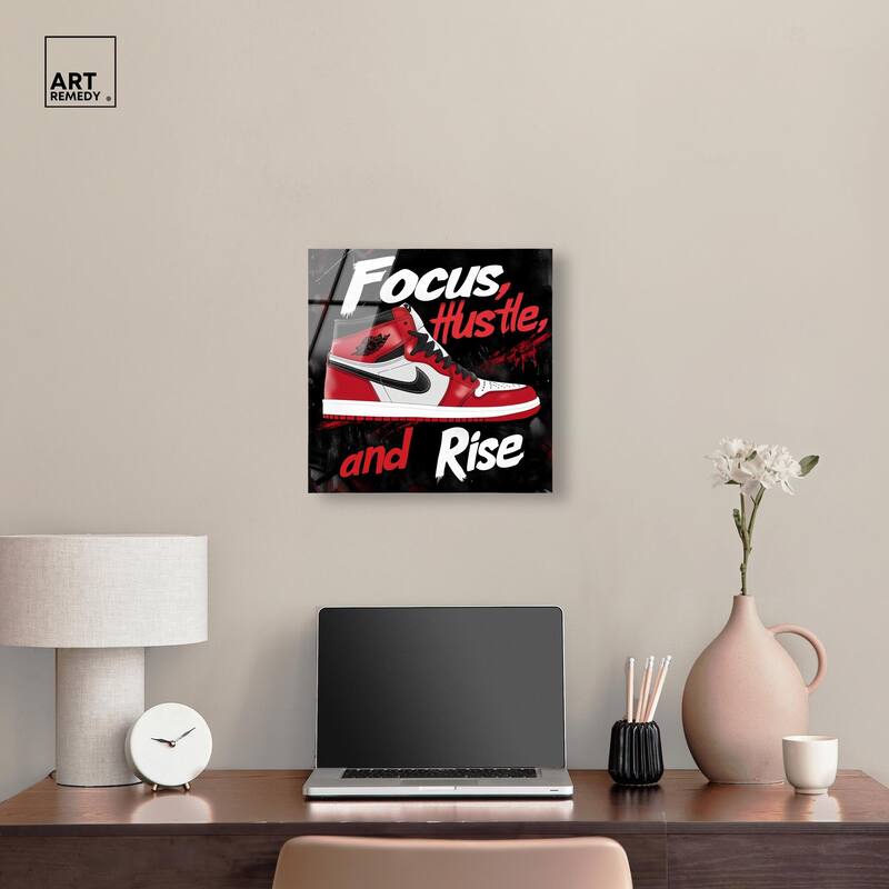 Hustle and Rise Sneaker Red Acrylic by Art Remedy, Ready to Hang