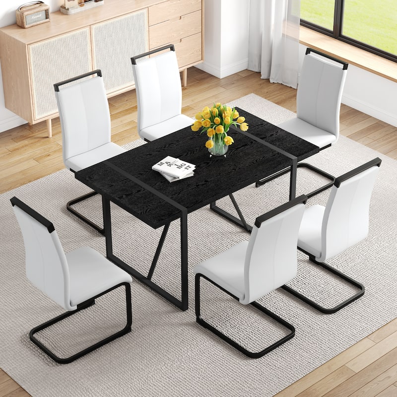 5/7-Piece Dining Table Set with PU Chairs, Modern Rectangular Dining Room Table Set for 4-6 People
