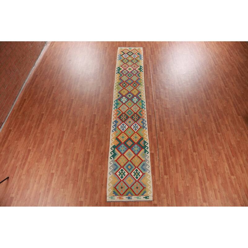 Hand Woven Oriental 100% Wool Carpet Southwestern Geometric Multi-Colored Kilim Runner Rug - 16' 2'' X 2' 9''