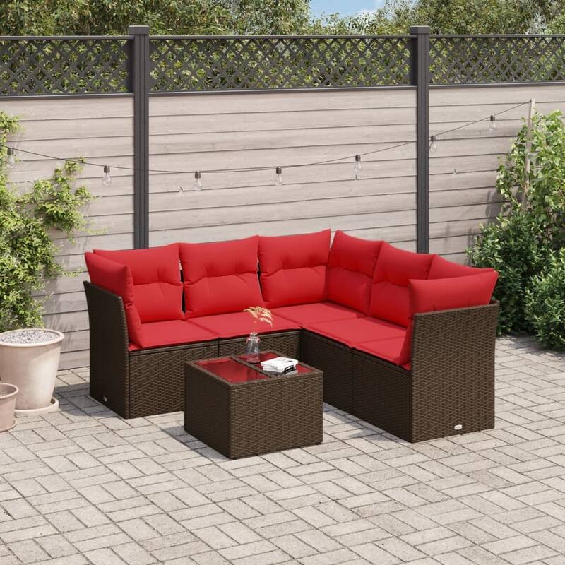 vidaXL 5/6 Piece Patio Sofa Set with Cushions Brown/Gray Poly Rattan - 24.4 x 24.4 x 27.2 - Brown and red With table
