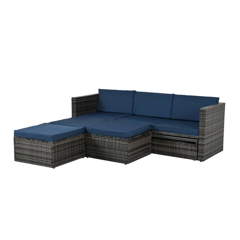 5 Piece Outdoor PE Wicker Sofa Set, Patio Conversation Furniture Set with Lift TOP Coffee Table and Lounger Sofa