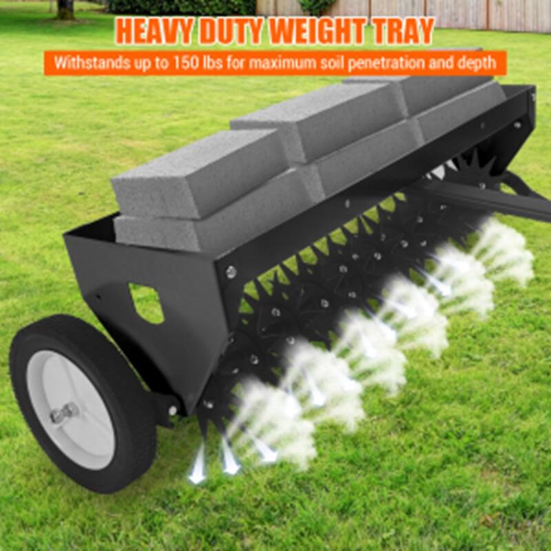 40-Inch Tow-Behind Lawn Aerator Heavy-Duty Steel Teeth Adjustable Handle & Transport Wheels Orange
