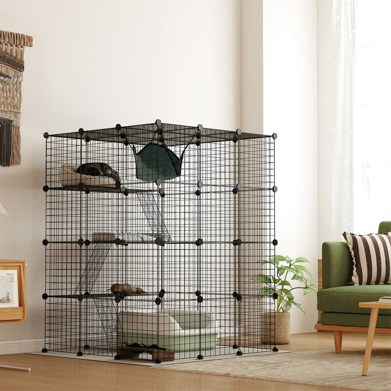 Black Steel and PP 4-Tier Cat Cage with Ramps, Platforms and Doors