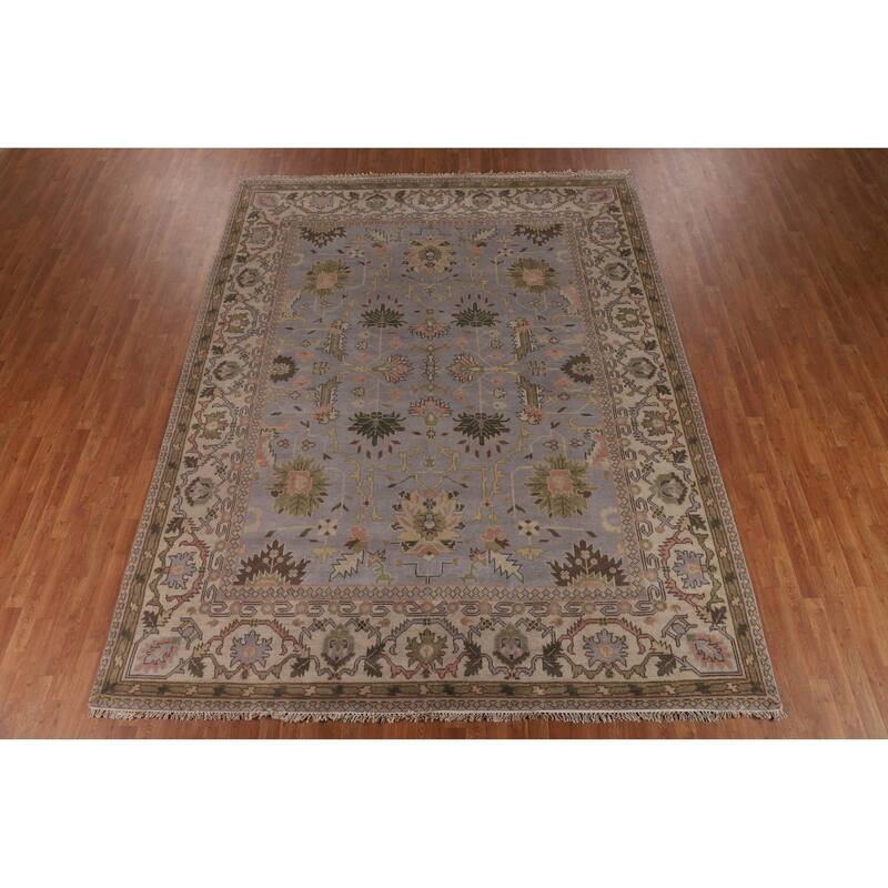 All-Over Gray & Ivory Oushak Indian Area Rug Hand-Knotted Wool Carpet - 9'4" x 11'11"