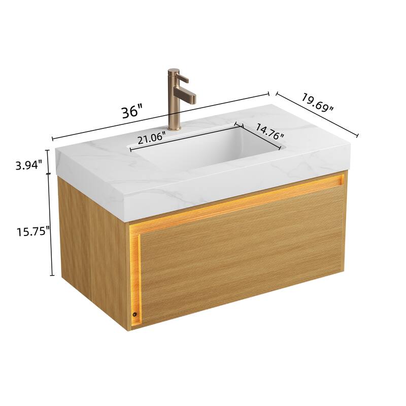 GDFStudio - Nyah Modern Floating Bathroom Vanity with Ultra-Slim Grille Drawer, Sensor Light & Carrara White Sintered Stone Top