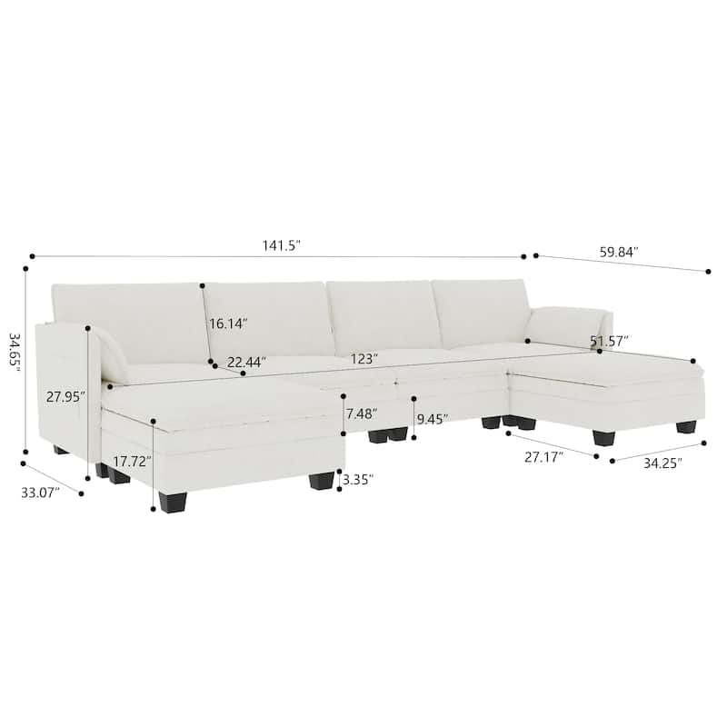 Christopher Knight Home - Noah 141.5" U-Shaped 6-Seater Sofa Couch with Movable Ottoman and Armrest Pockets, Fabric Upholstery