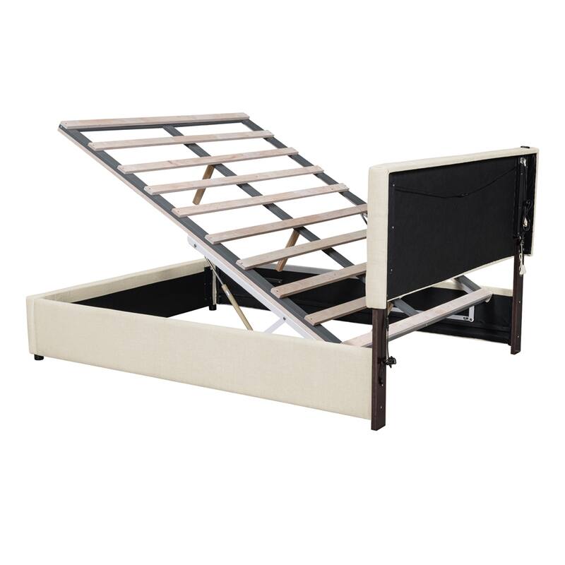 Queen Size Upholstered Bed with Hydraulic Storage System and LED Light