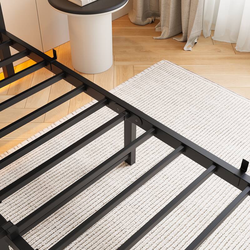 Modern Metal Bed with Wooden Headboard, RGB Lights & Storage Shelf