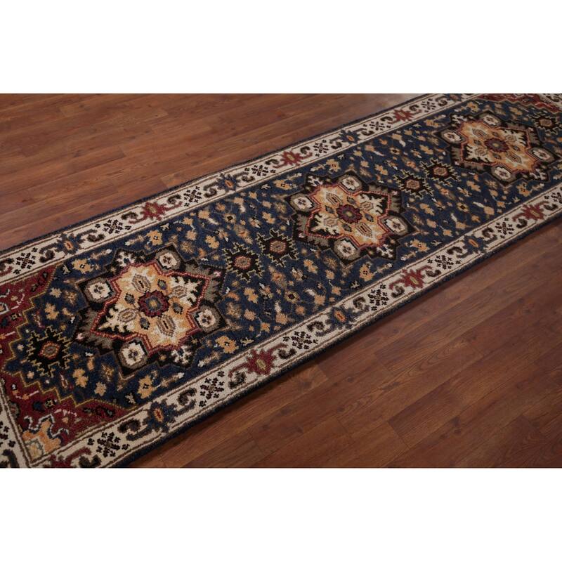 Blue Geometric Kazak Indian Runner Rug Handmade Oriental Wool Carpet - 2'8"x 8'2"