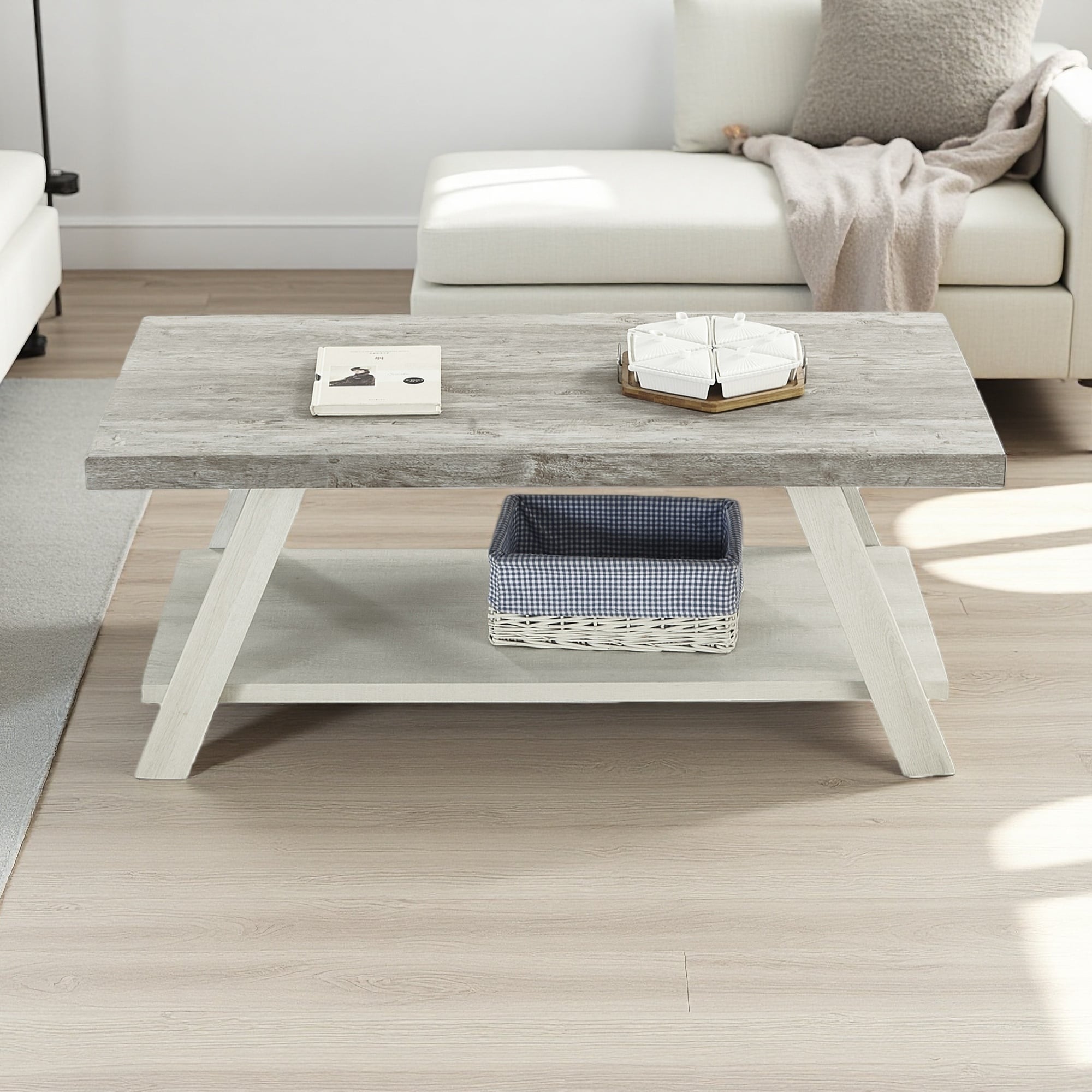 48" Wood Coffee Table with Shelf and Angled Legs