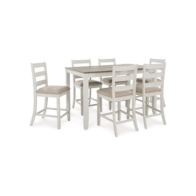 Kemo 7pc Counter Height Dining Table Set, 6 Ladderback Chairs, White Brown