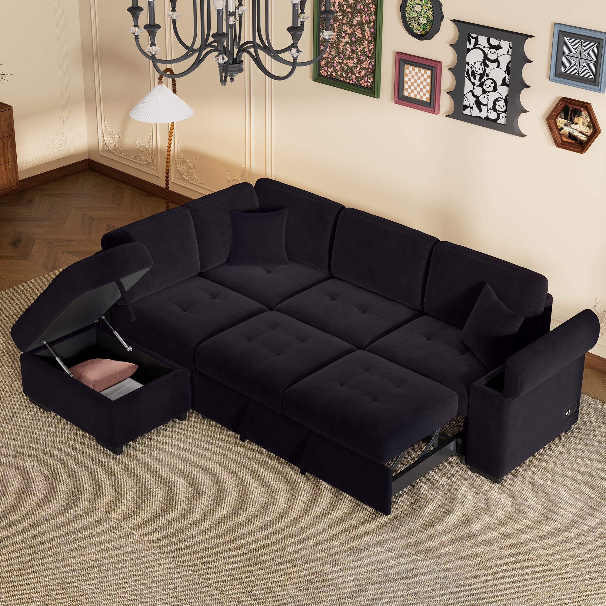 84.75" Velvet L-Shaped Sectional Sofa with Storage Ottoman, USB & Hidden Storage