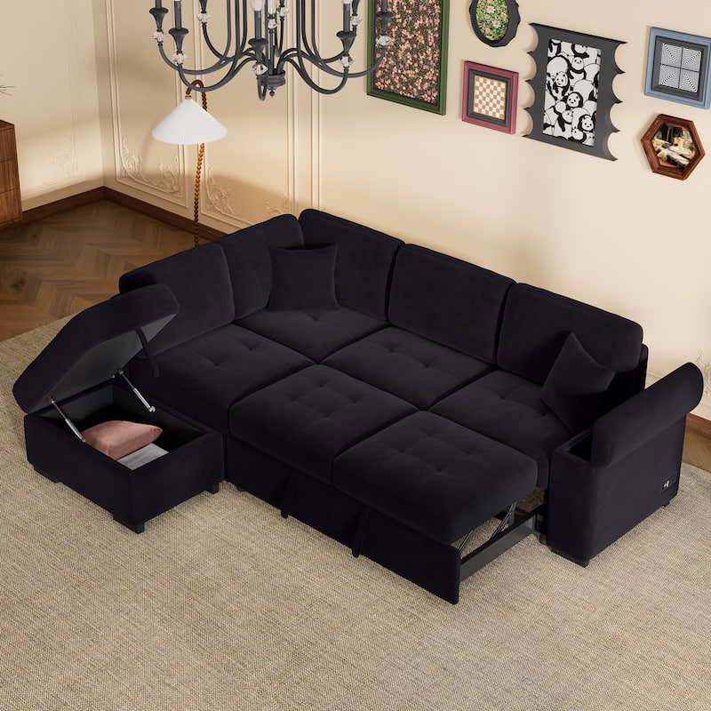 Corner Sleeper Sectional Sofa with Storage Ottoman & USB - Black