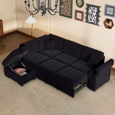 Sleeper Sectional Sofa, L-Shape Corner Couch Sofa-Bed with Storage Ottoman & Hidden Arm Storage & USB Charge for Living Room Ap
