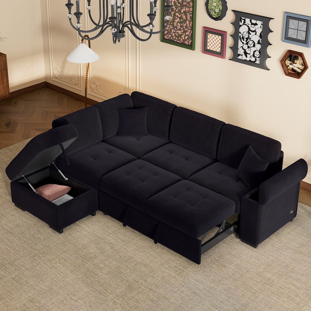 Velvet Sleeper Sectional Sofa, L-Shape Corner Couch Sofa-Bed with Storage Ottoman, Hidden Arm Storage, USB Charge