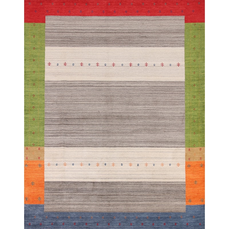 Striped Gabbeh Oriental Area Rug Hand-Knotted Multi-Color Wool Carpet - 8'1" x 9'8"