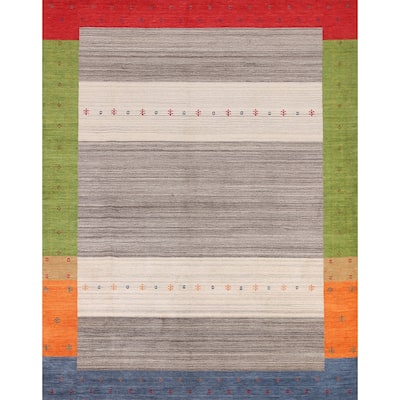 Striped Gabbeh Oriental Area Rug Hand-Knotted Multi-Color Wool Carpet - 8'1" x 9'8"