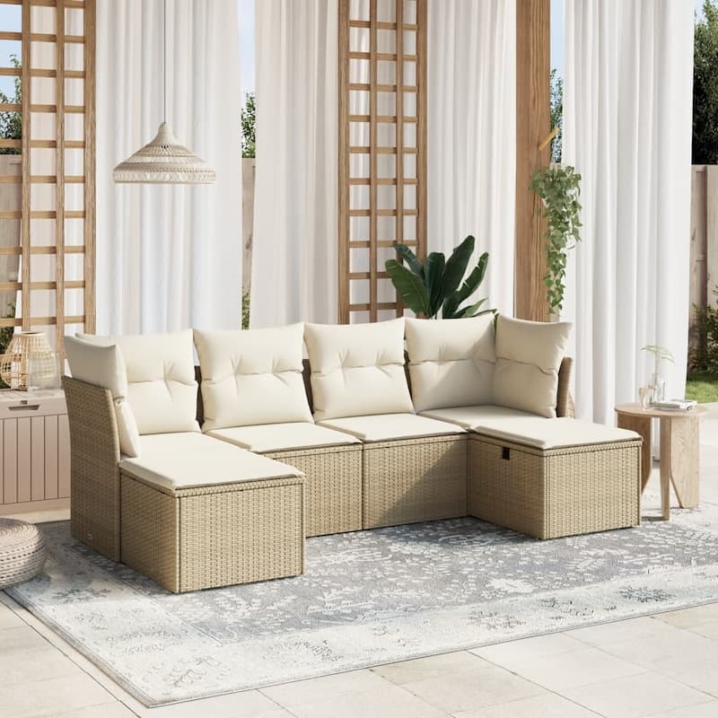vidaXL Patio Sofa Set with Cushions Outdoor Furniture 6 Piece Poly Rattan - Beige and cream 6-Piece Set