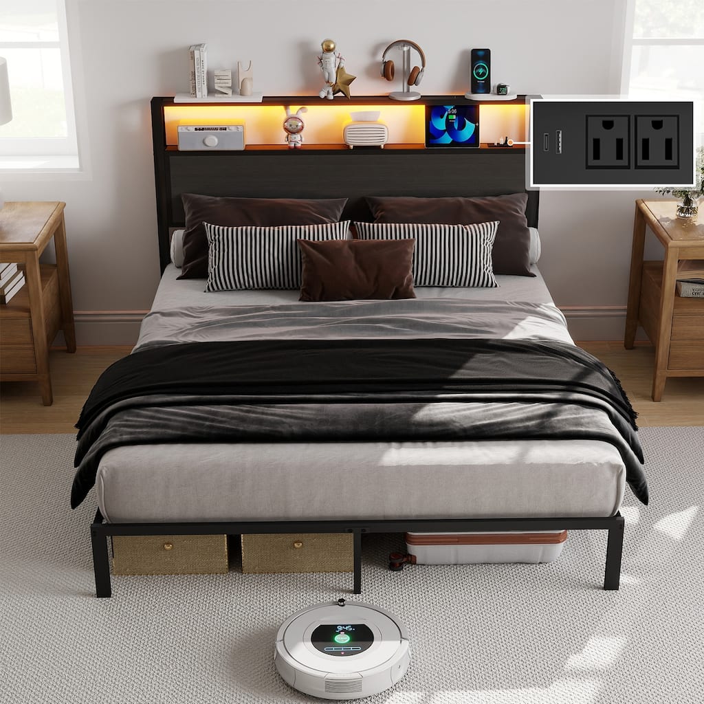 Queen Size Bed Frame with Headboard, RGB LED Light & Charging Station