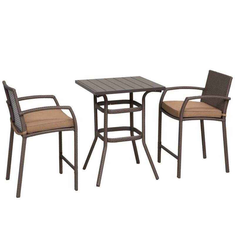 Outdoor Bar Table and Stool Set Rattan with Khaki Cushions Weather Resistant Patio Furniture - 27.5" L x 25.5" W x 35.75" H - Mixed Brown