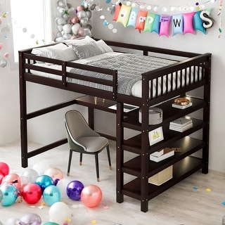 Modern Full Size Loft Bed With Shelves And Under-bed Desk,Stable Guardrails for Bedroom