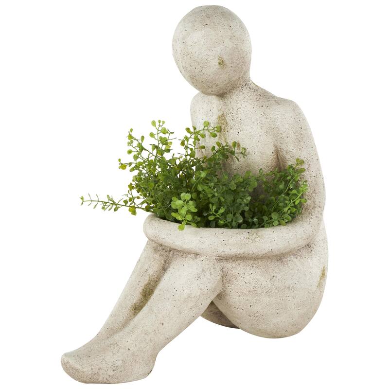 Cream Polystone Sitting People Indoor Outdoor Planter - 8"W x 16"L x 17"H