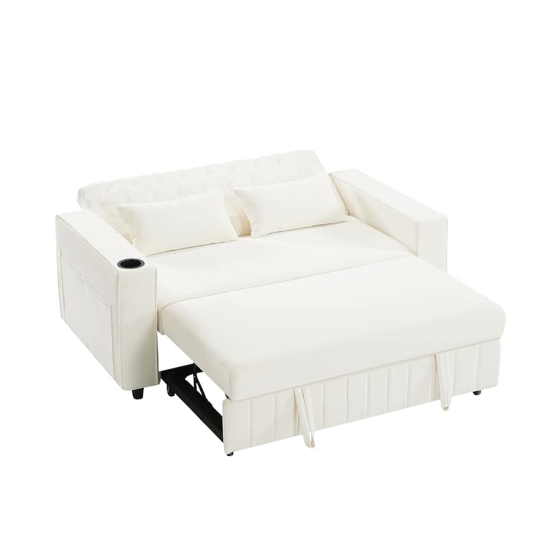 Transformable Chenille Fabric Sofa Bed with Adjustable Tufted Backrest, USB Ports, and Ample Storag
