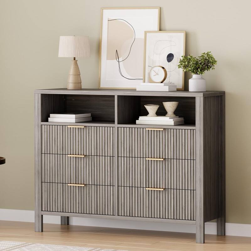 6 Drawer Dresser for Bedroom, Farmhouse Chest of Drawers with 2 Open Shelves and Fluted Doors