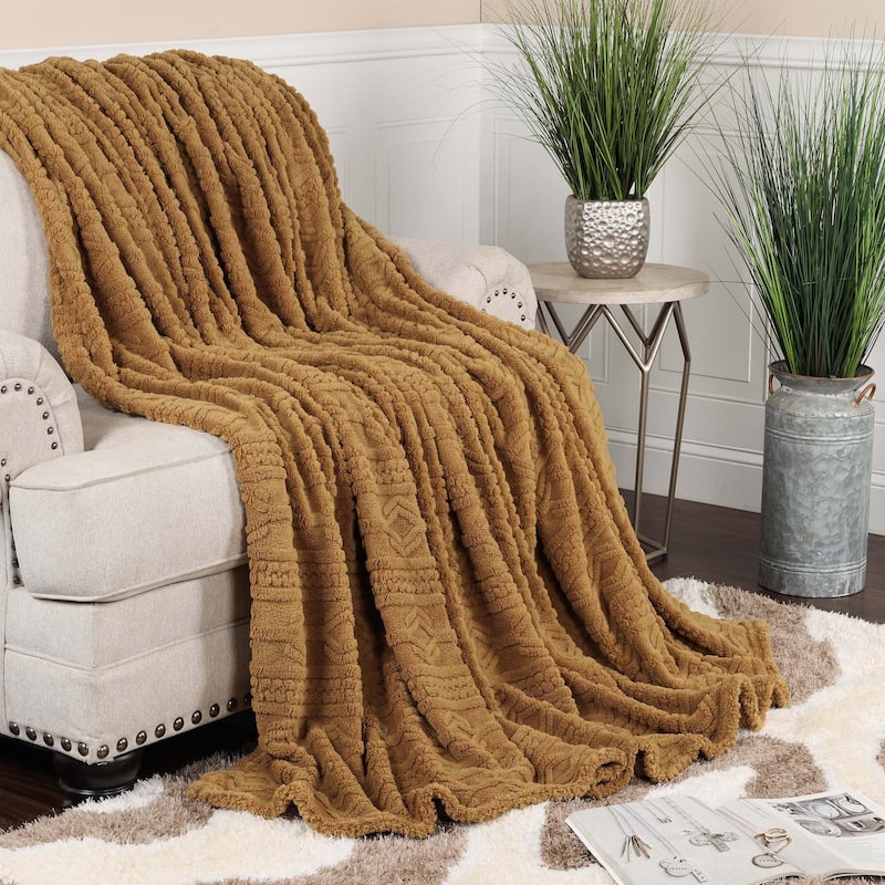 Superior Arctic Boho Jacquard Plush Fluffy Fleece Blanket - Throw - Camel