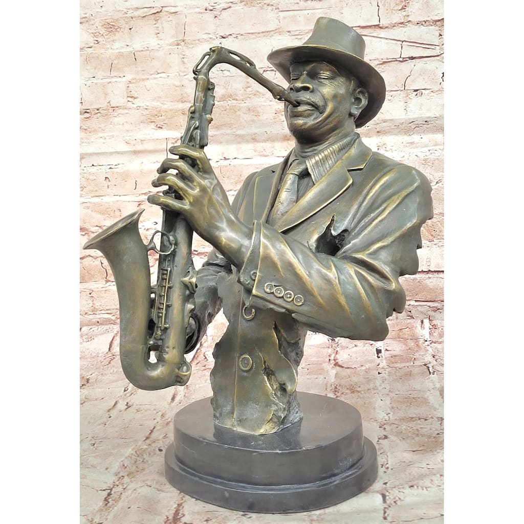 Jazz Saxophone Player Bronze Bust Sculpture On Marble Base
