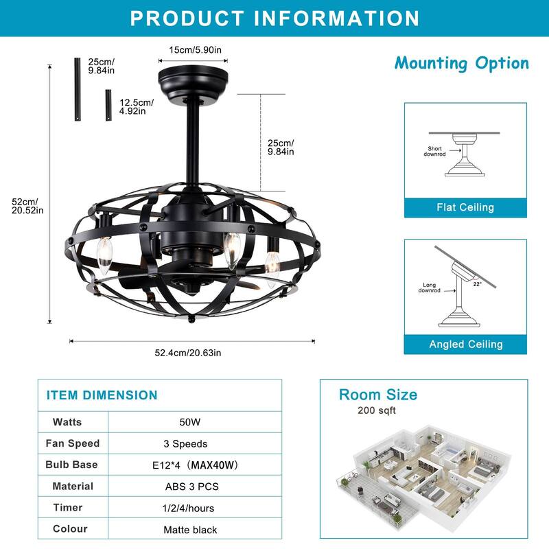 20" Industrial Ceiling Fan Light Kit for Living Room Bedroom Kitchen and Bladeless Caged Ceiling Fan with Lights - 20 Inches