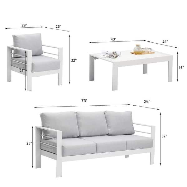 dimension image slide 0 of 6, Royalcraft 4-Piece All-Aluminum Patio Set with 5" Cushions & 3.2" Widened Armrest, Seats 5, 250 lbs - 4-Piece Sets