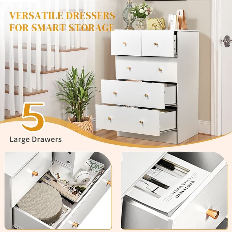 5-Drawer Dresser For Bedroom And Chest Of Drawers With Sturdy Construction Wood Storage Organizer For Closet