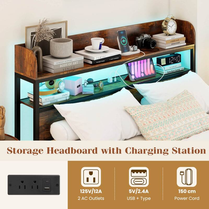 Coatway Full/Queen/King Bed Frame with LED Lights Power Outlets