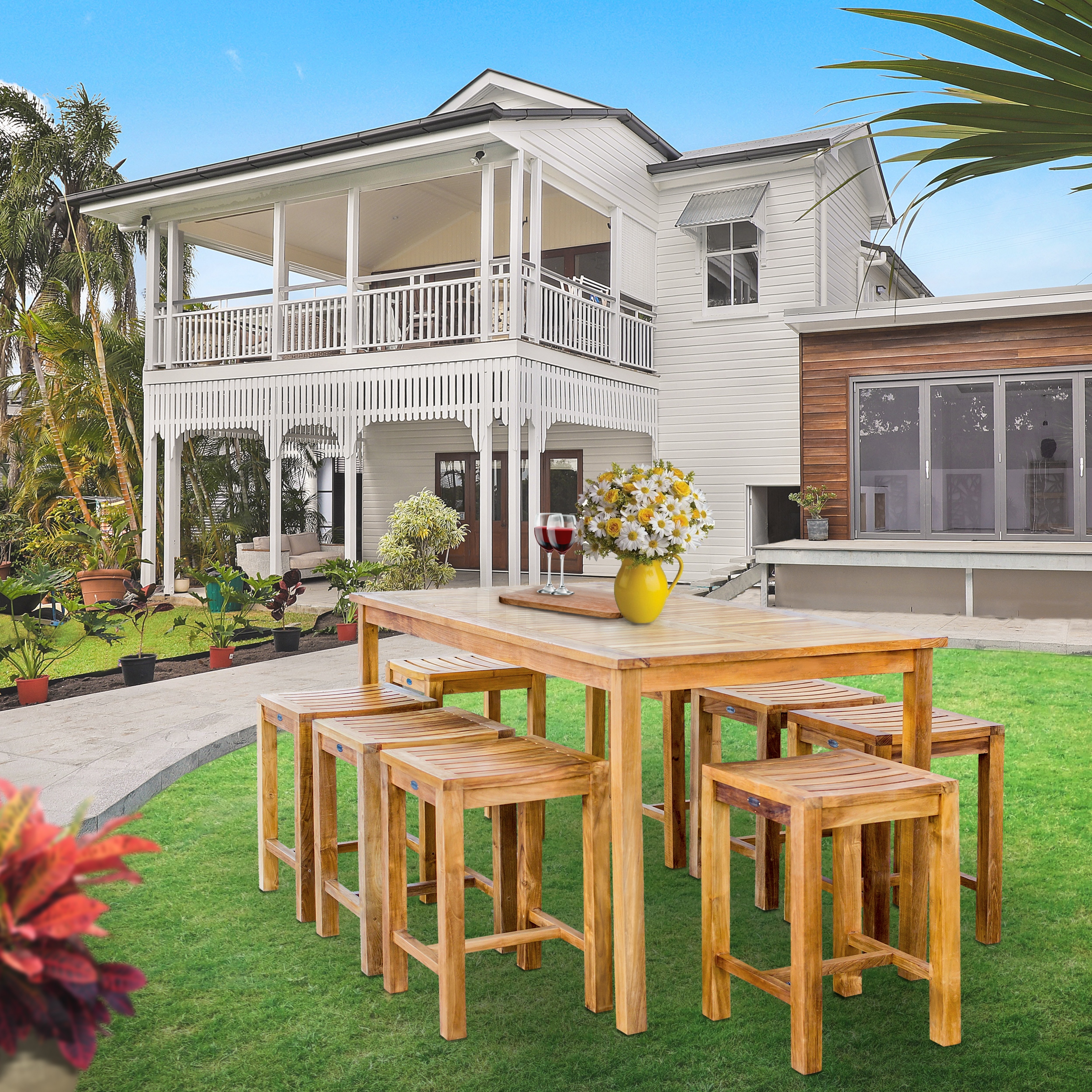 Teak bar outlet height patio set
