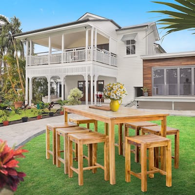 Chic Teak 9 Piece Teak Wood Antigua Patio Counter Height Bistro Set with 71" Rectangular Table and 8 Stools