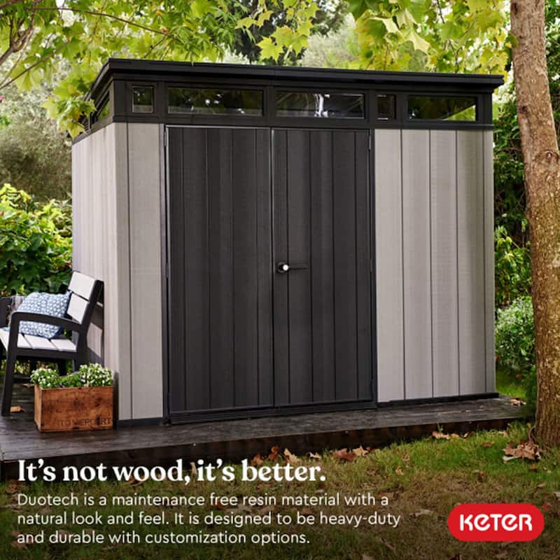 Keter Artisan 9 x 7 ft. Modern and Elegant Resin Outdoor Storage Shed With Floor for Patio Furniture and Tools, Grey